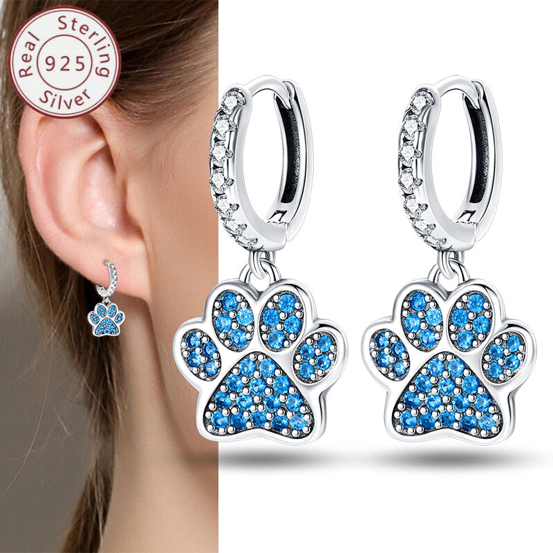 KUNSIR 925 Sterling Silver Women Girls Blue Paw-Print Charm Huggie Hoop Earrings