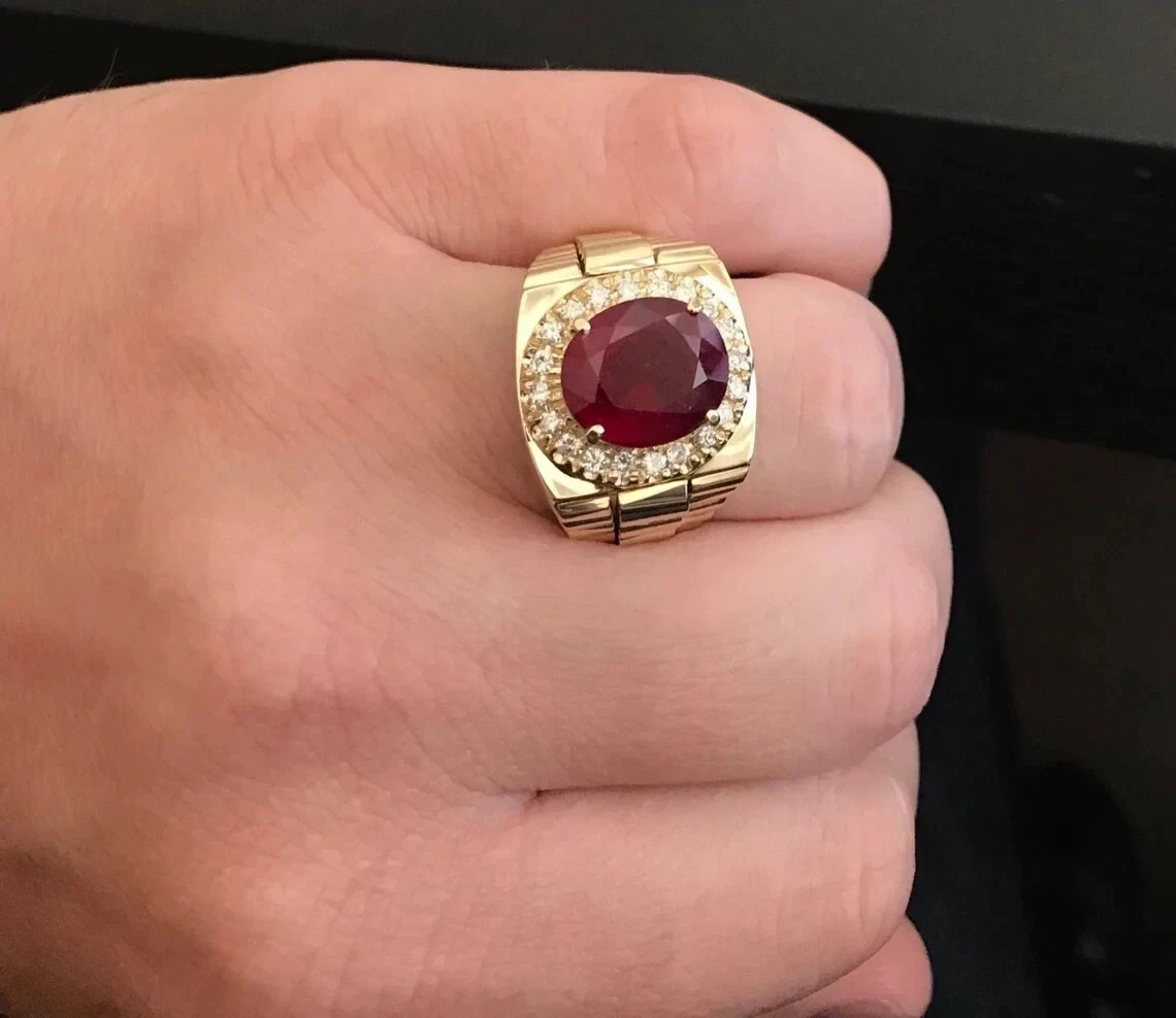 3Ct Natural Genuine Red Ruby Engagement Wedding Men’s Ring In 14K Yellow Gold