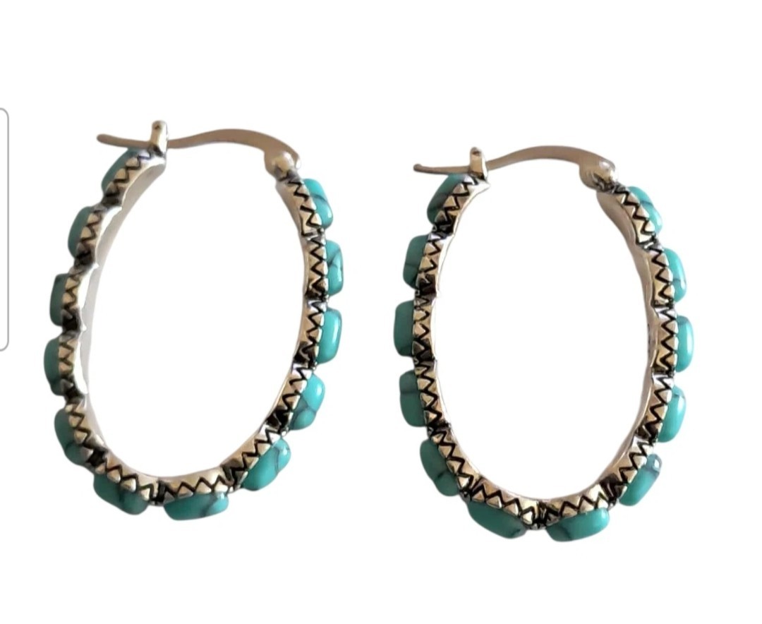 925 Sterling Silver Bohemian Style Turquoise 1.31 In Hoop Earrings [EAR108]