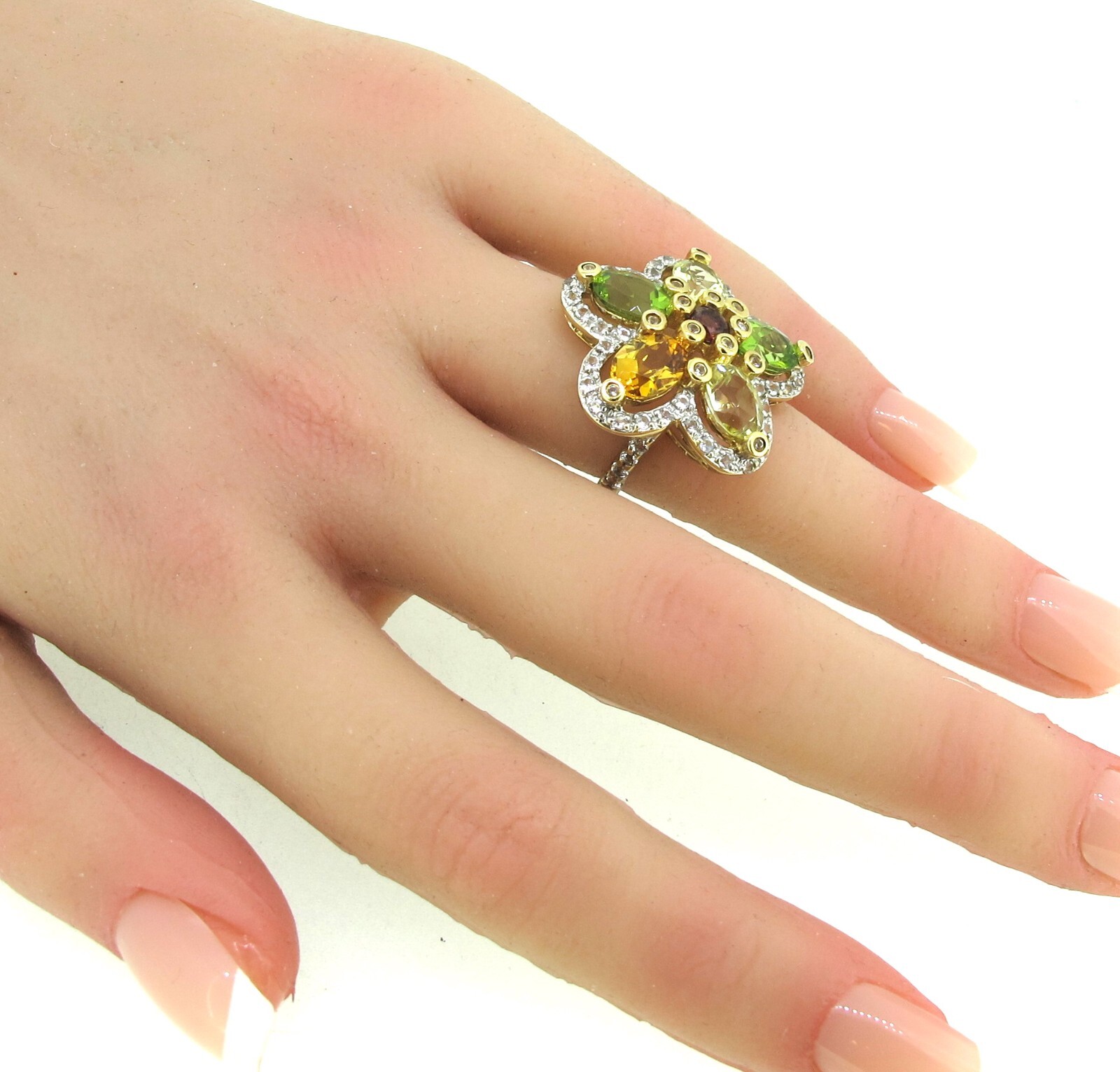 Solid 10k Yellow Gold Multi-Colored Gem Stones Flower Shape Women Ring Size 5