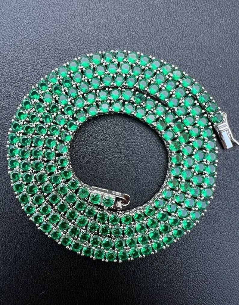 45.72ctw Lab Created Green Emerald 14K White Gold Plated 5MM Tennis Necklace 18″