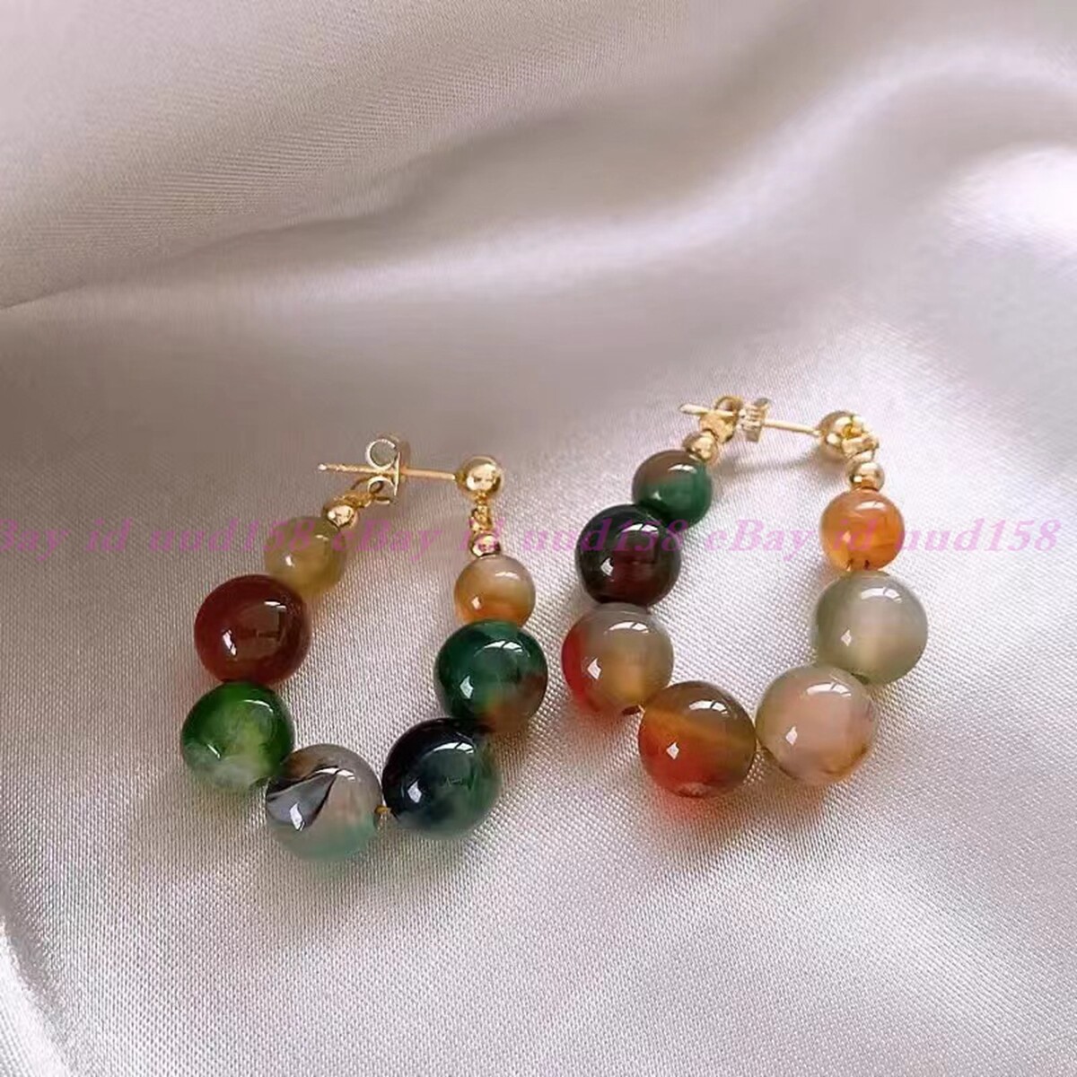 Fine Real Natural Peacock Agate Round Gemstone Beads Dangle Stud Earrings