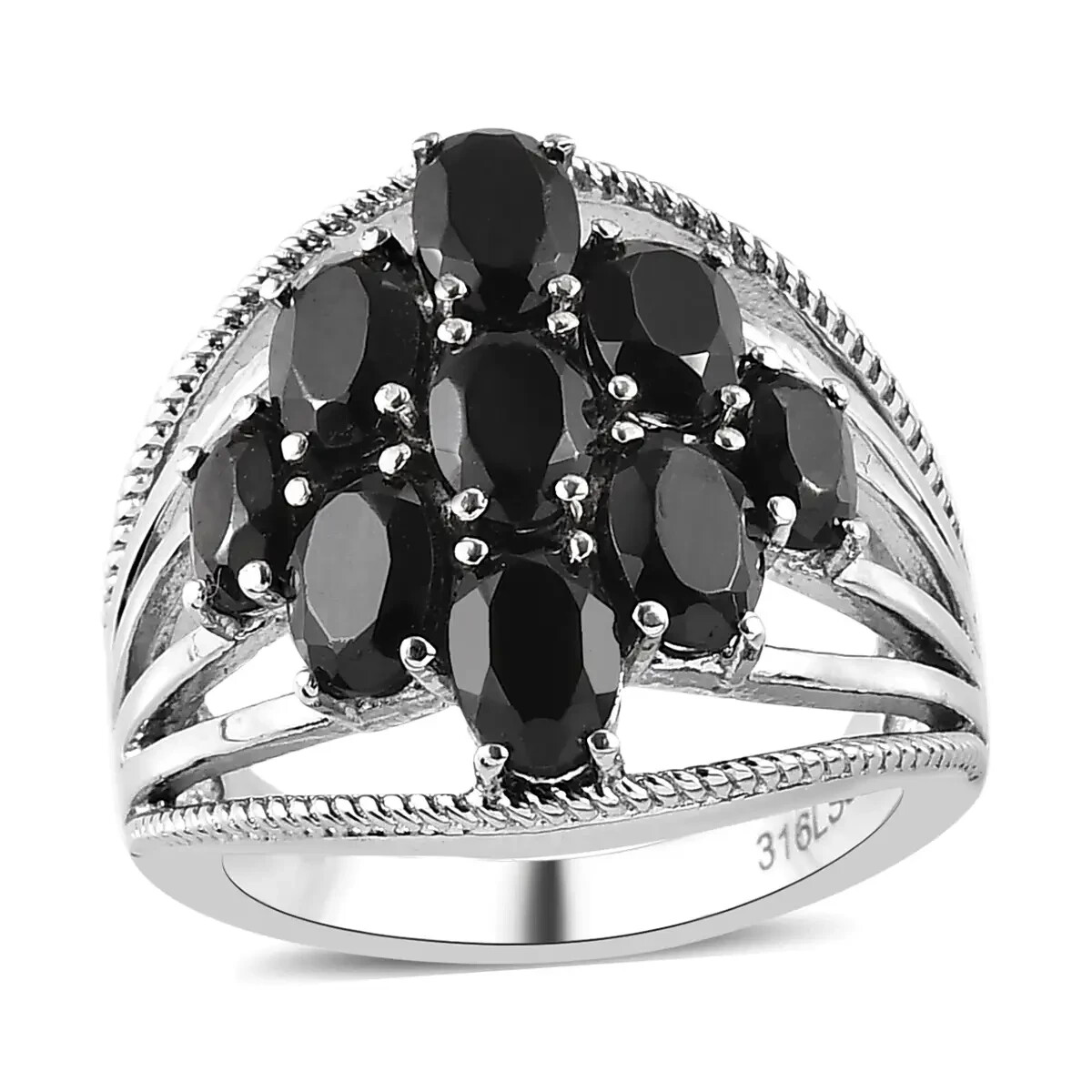 Nine Natural Black Spinel Cluster Ring – 316L Stainless Steel 4.15 ctw Sz 6 NEW