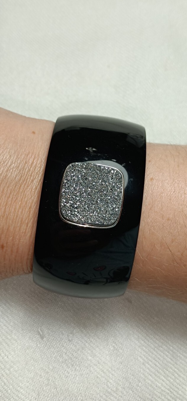 Signed Lirm Black Resin Plastic Sterling Silver Druzy Stone Cuff Bracelet