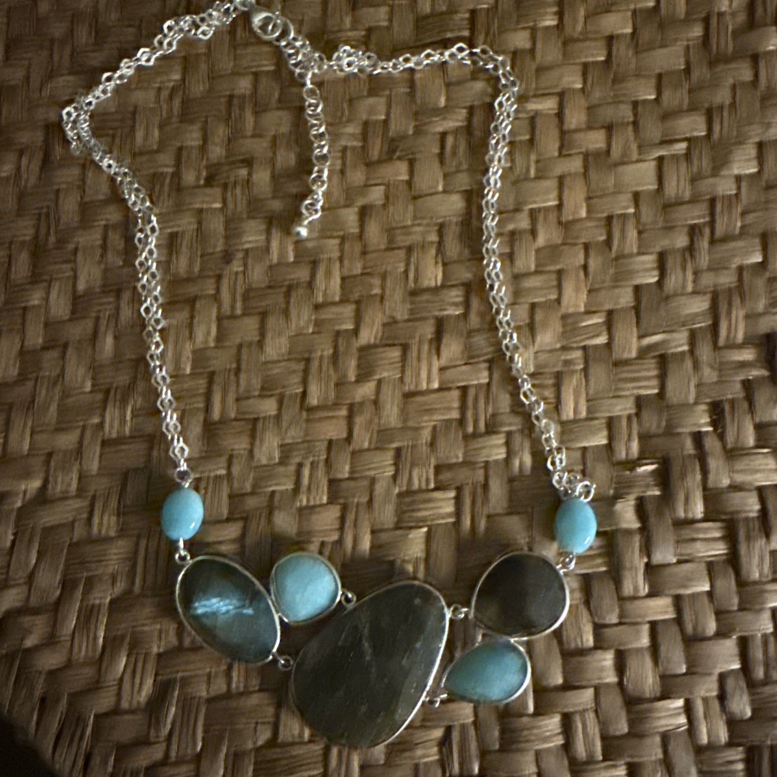 Organic Cut Labradorite and Amazonite Sterling Silver 20″ Cluster Necklace MINT