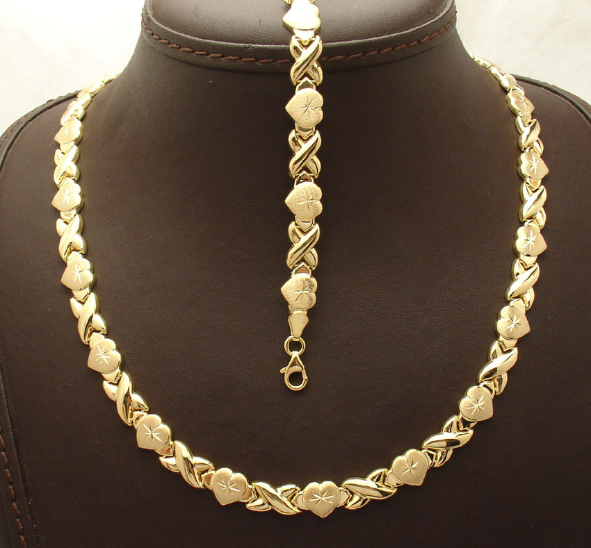 Diamond Cut Hearts & Kisses Bracelet Necklace Set 10K Yellow Gold Plated Silver
