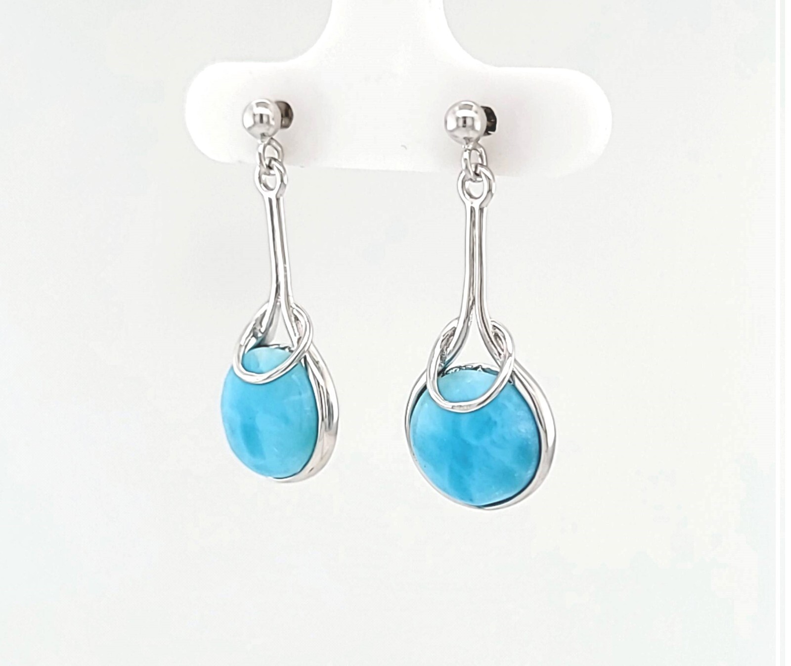 Natural Larimar 10mm Cabochon Bezel Designer 925 Sterling Silver Earrings