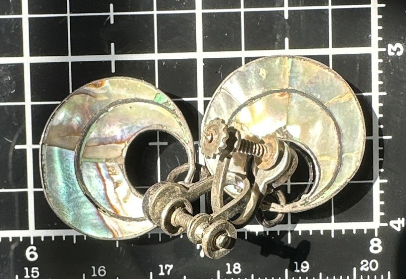 Taxco 925 Sterling Silver Abalone/MOP Shell Inlay Dangle Screw Back Signed