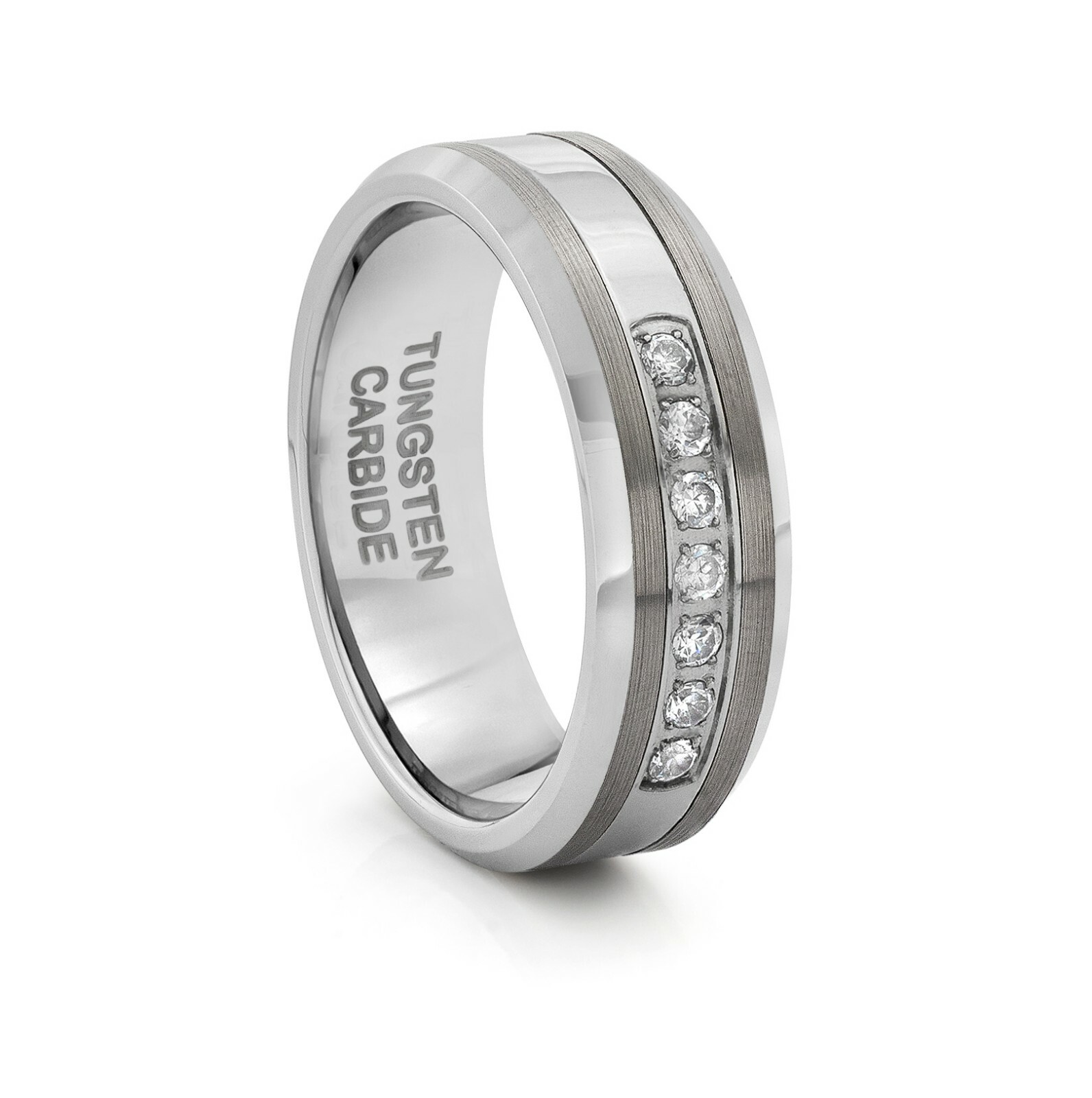 TungstenMasters 8MM/6MM Tungsten Matte Silver Wedding Band Diamond Ring