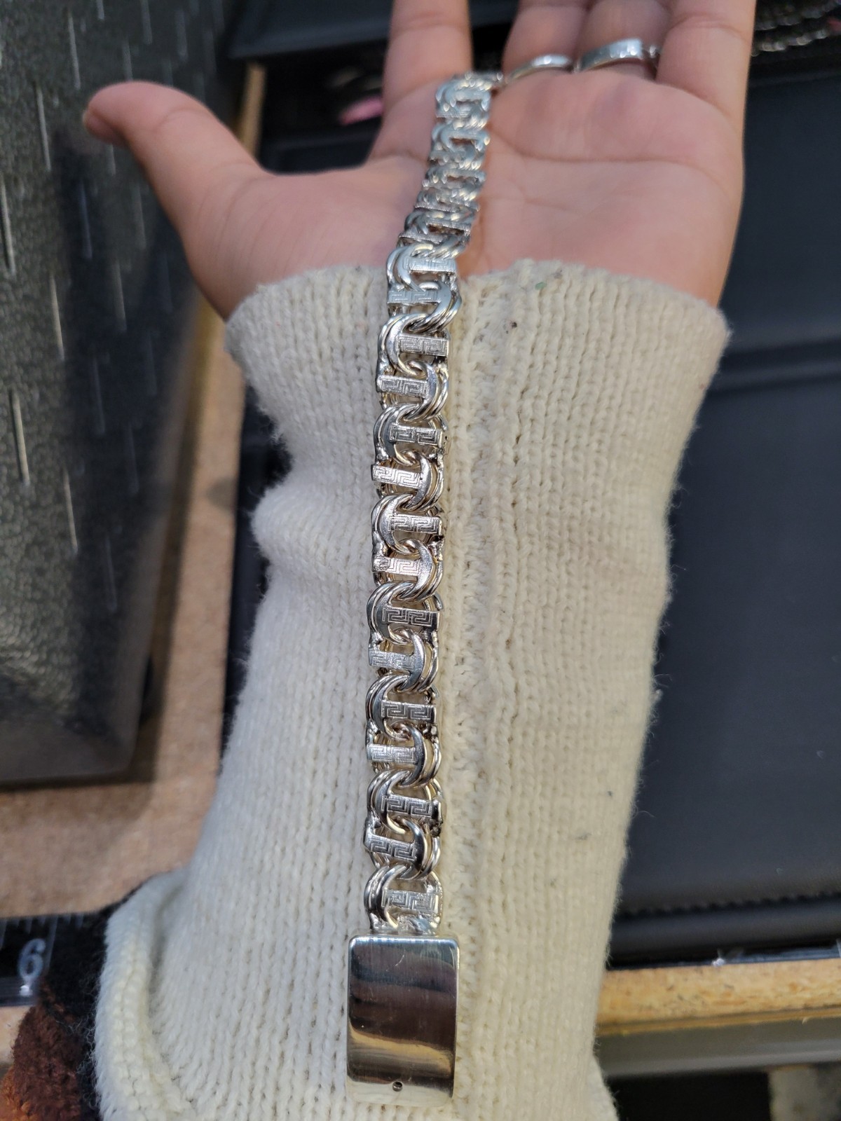 925 sterling silver Solid Chino Bar Greek Link Bracelet 8.7″ 12mm Plata