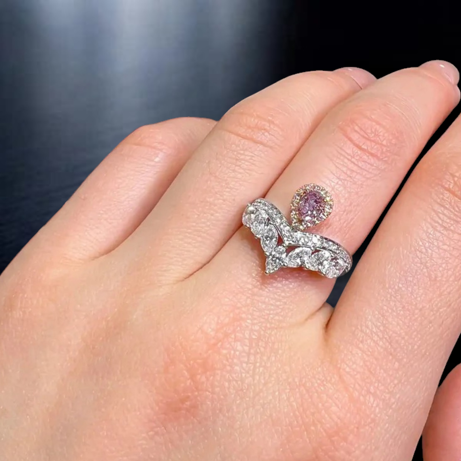 Unique Fancy Vivid Pink Diamond Ring 2.30 Ct Pear Cut Lab Created 18K Multi Gold
