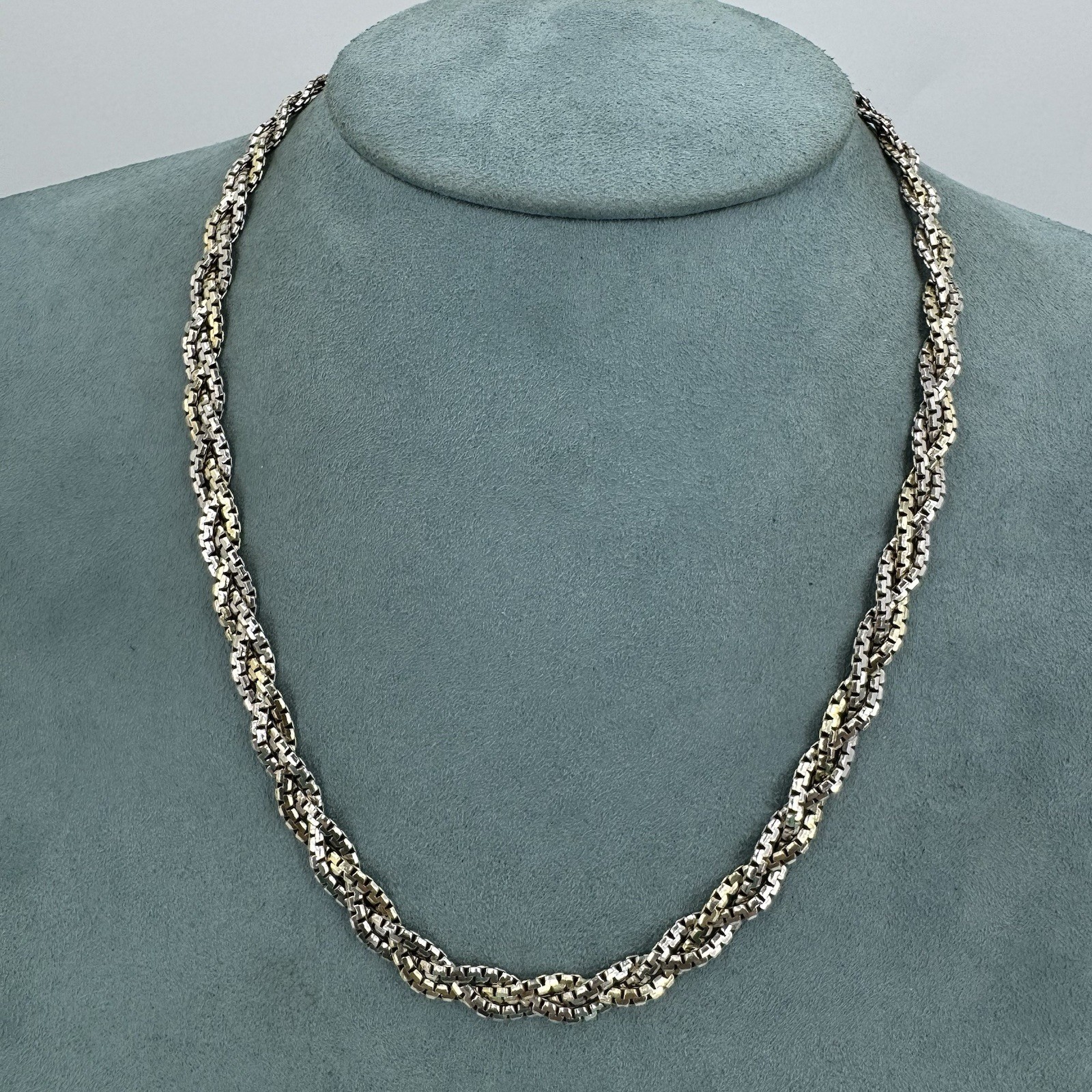 Vintage 925 sterling silver necklace two tone braided plait chain 15.5” 16.9g