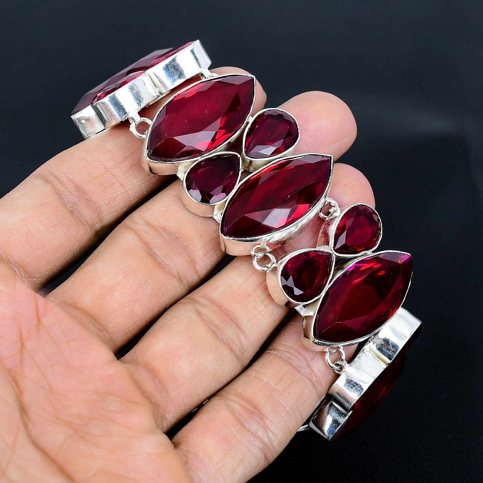 Mozambique Garnet 925 Sterling Silver Marquise Gemstone Bracelet 8″ AAB 1421
