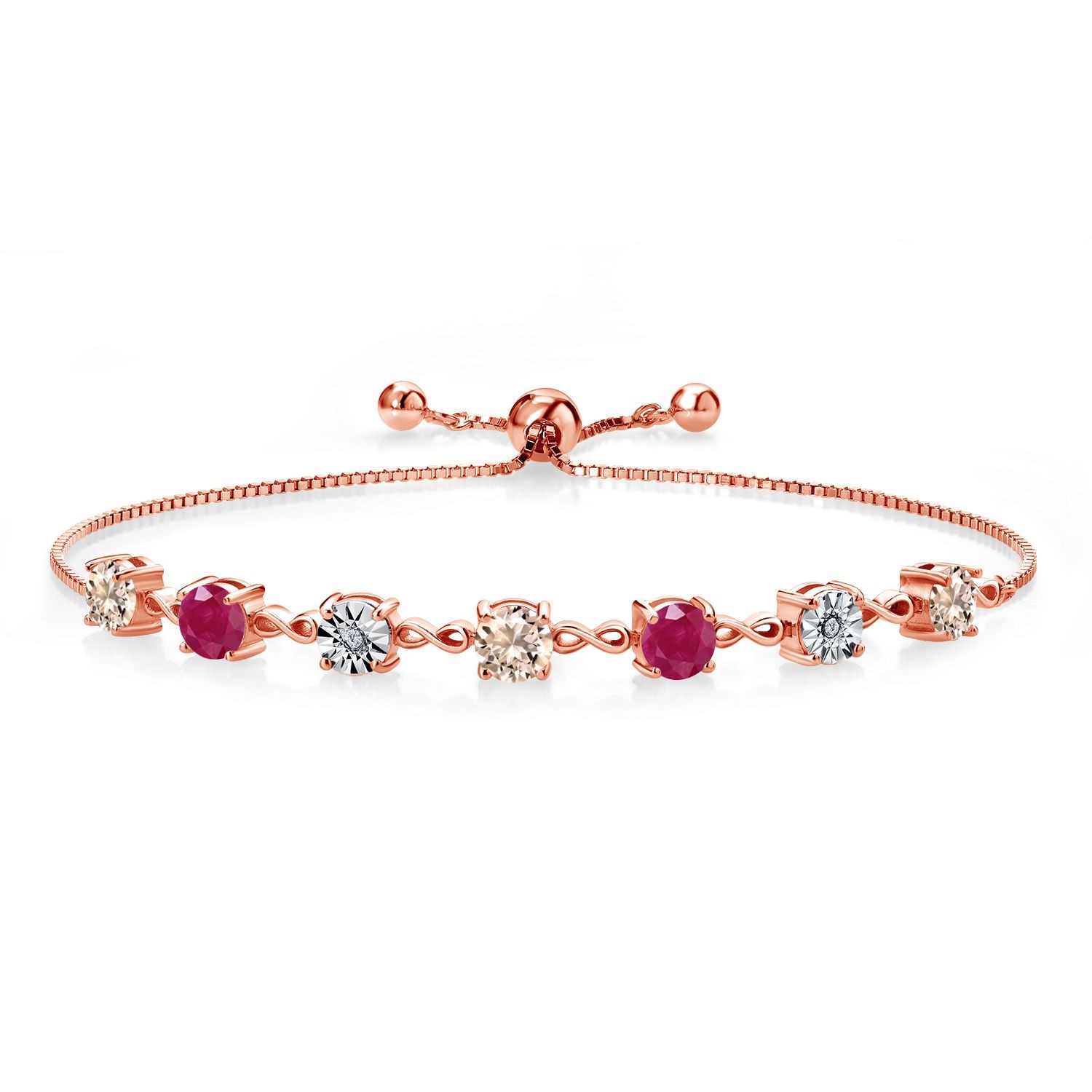 2.31 Ct Round Peach Morganite Red Ruby 18K Rose Gold Plated Silver Bracelet