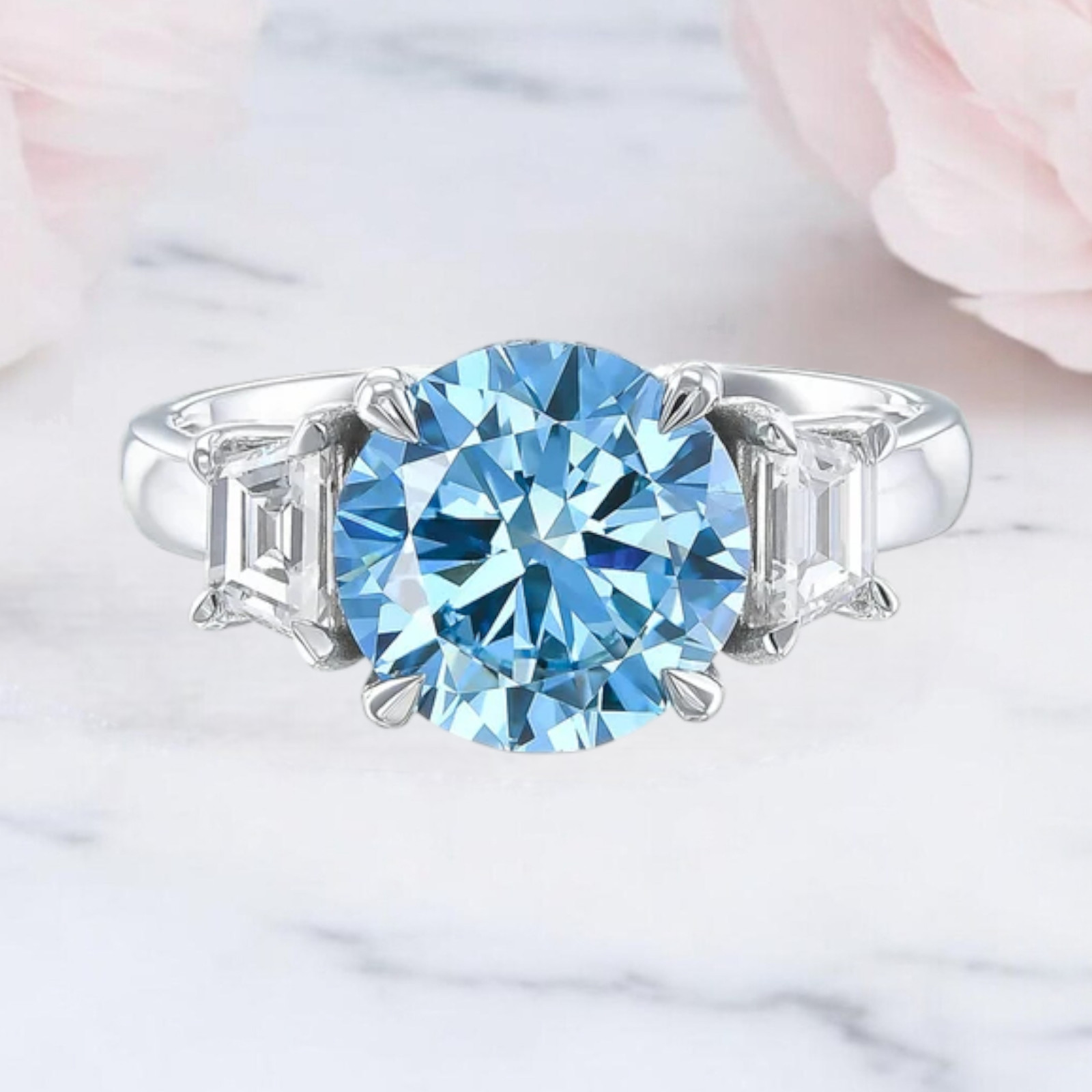 Fancy Vivid Blue 3.65 CT Round Cut Lab Created Diamond Wedding Ring 950 Platinum