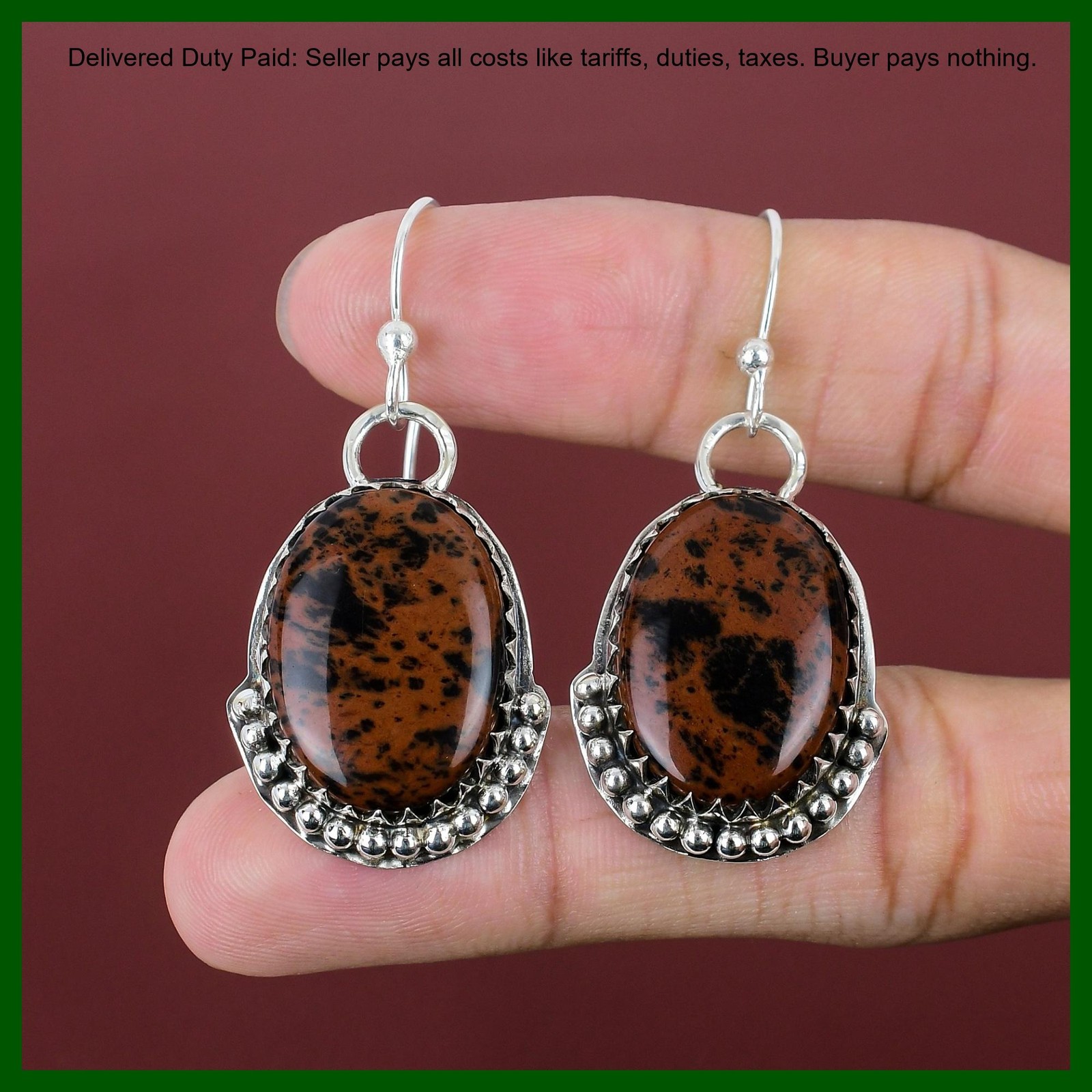 Sterling Silver Oval Mahogany Obsidian Gemstone Dangle Drop Root Chakra Earrings