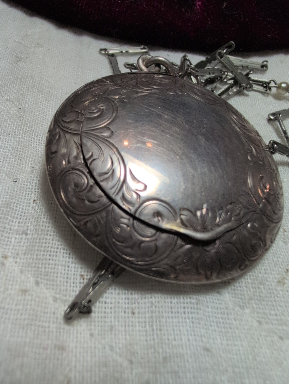 Antique Chatelaine Sterling Compact Or Pill Box On A 30 Inch Chain