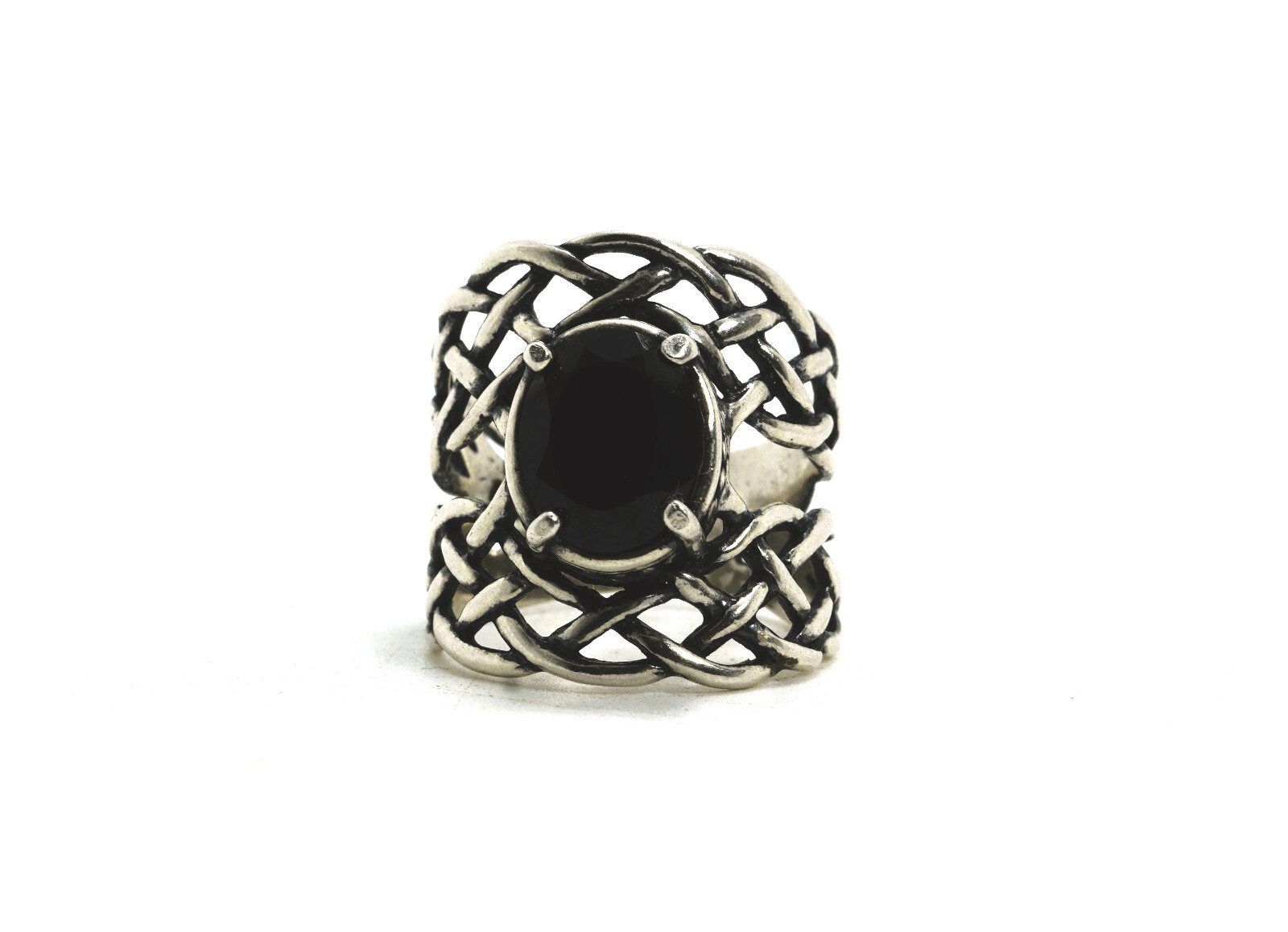 Didae Sterling Silver Faceted Opaque Black Gemstone Interwoven Design, Size 7.25