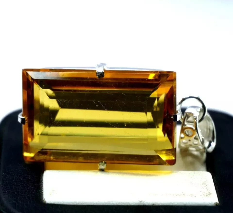 Natural Yellow Citrine 925 Solid Silver 97 Ct+ Pendant Emerald Cut HG Gemstone
