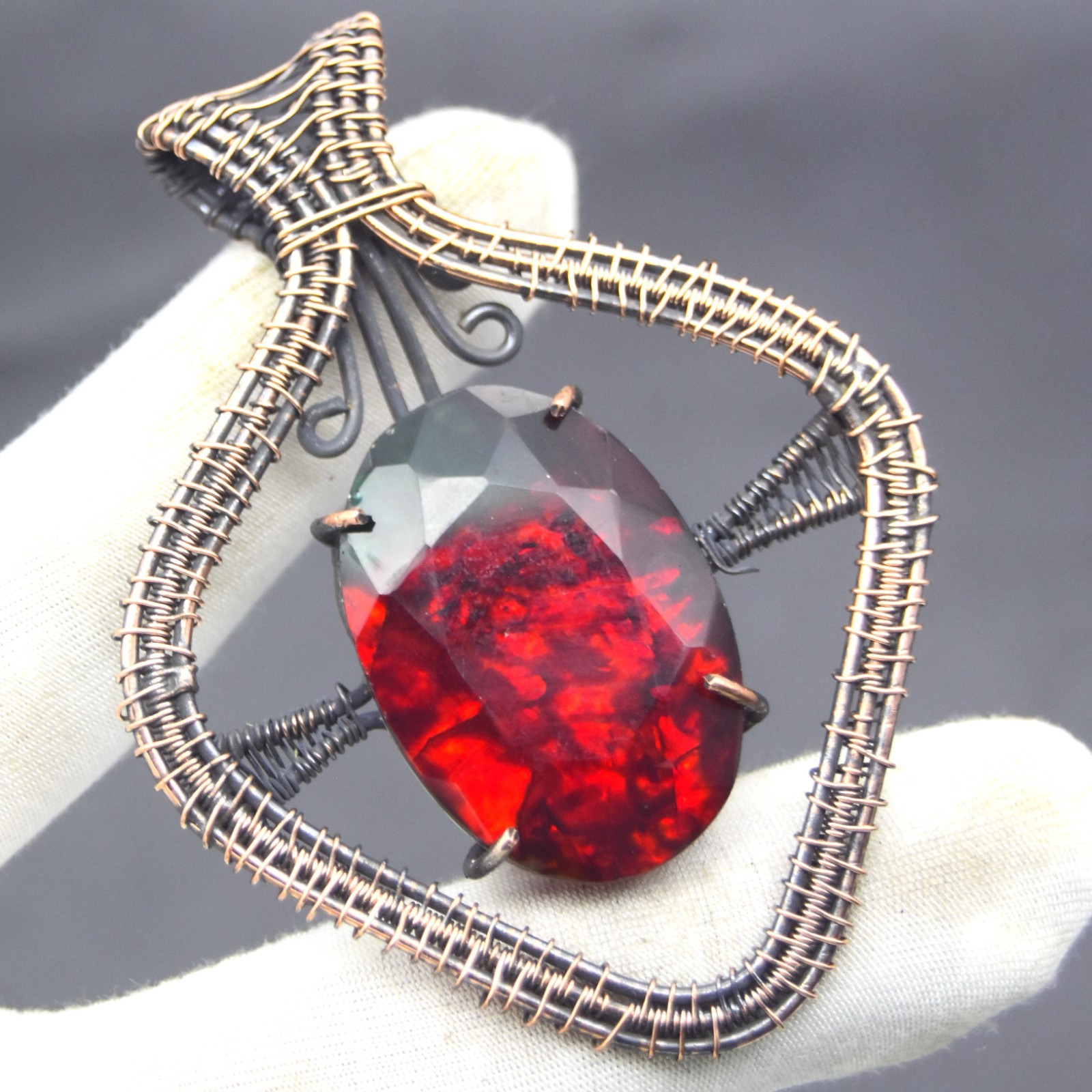 Red Ammolite Gemstone Handmade Copper Wire Wrapped Pendant Size-2.25″