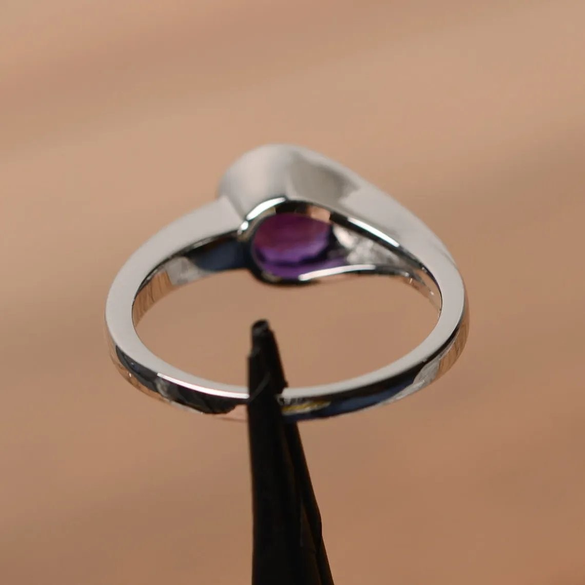 925 Sterling Silver Amethyst Gemstone Modern Bezel Women Ring Duty Free