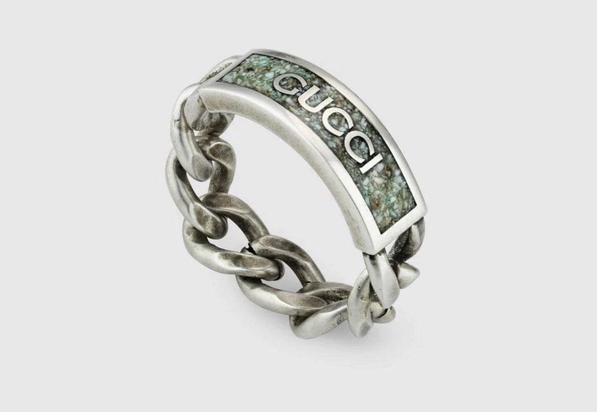 NWT Gucci .925 Silver Chain Ring Teal US Size 10.25