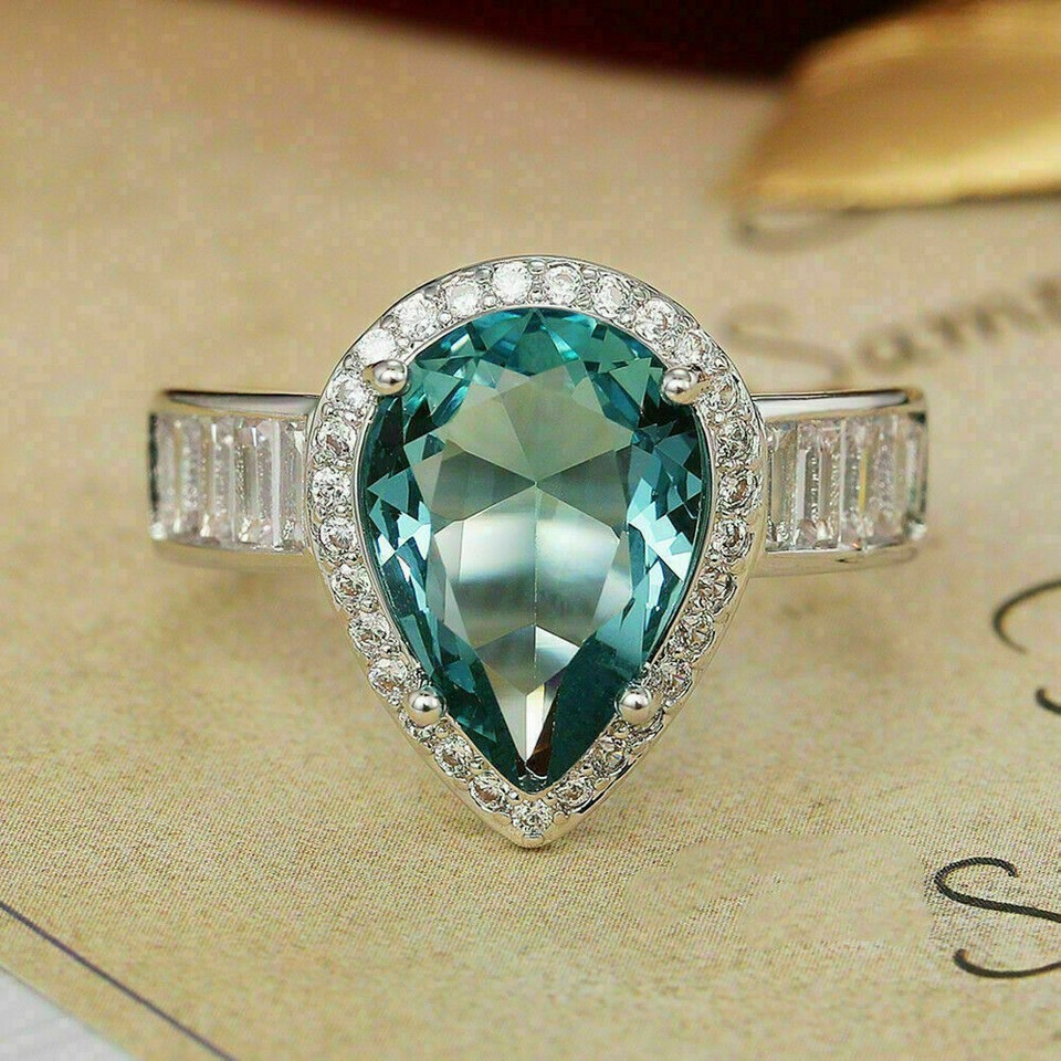 3Ct Pear Cut Aquamarine Halo Women’s Engagement Ring 14K White Gold Finish