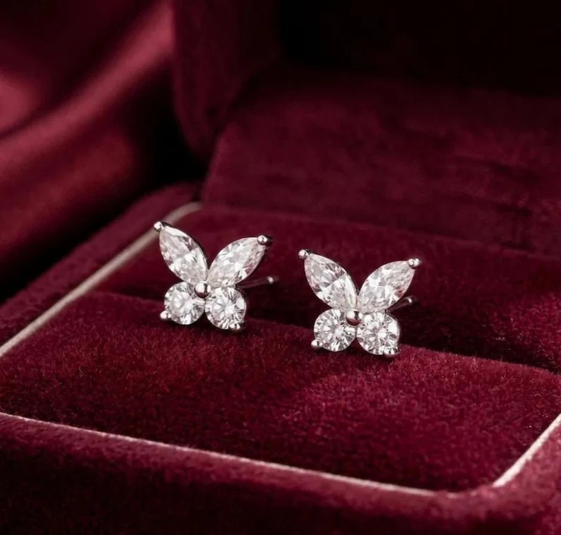 Marquise & Round Cut Lab Created Diamond Butterfly Earrings14k White Gold Plated