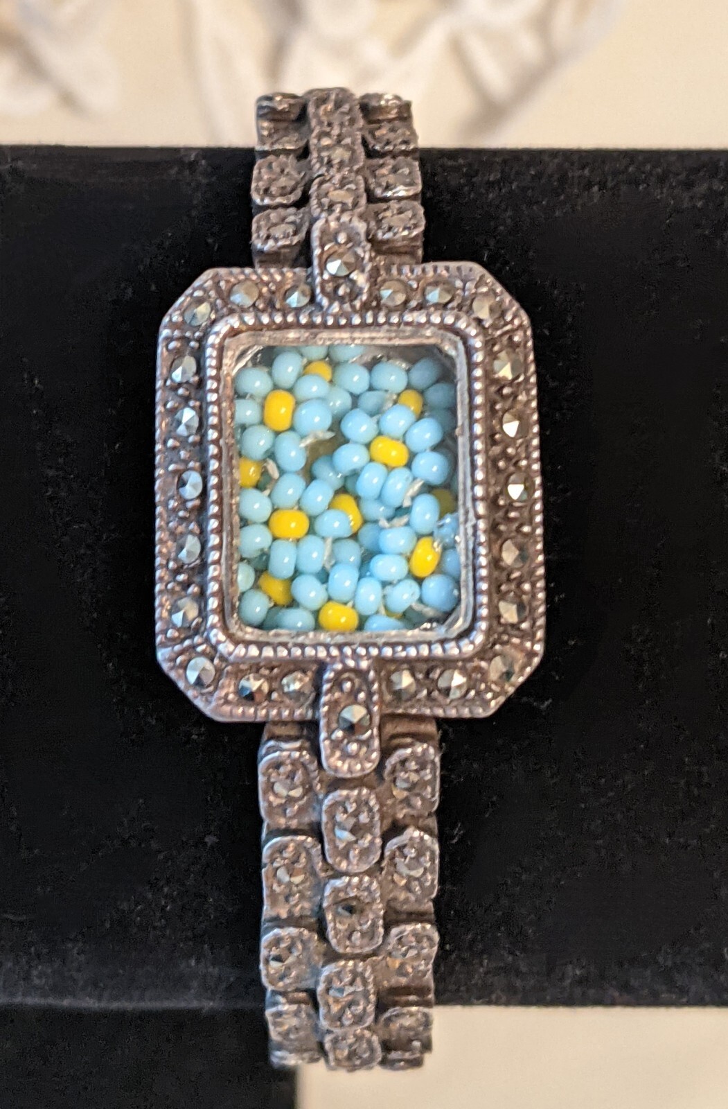 Sterling Silver 31 Grams Marcasite Bracelet With Blue Flowers In Place Of Face