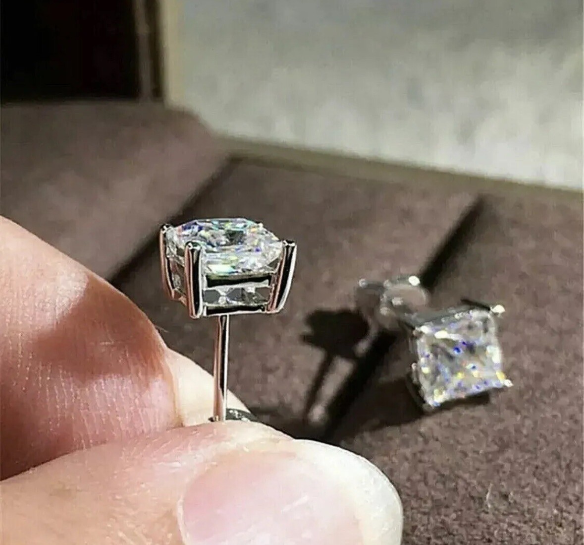2 Ct Princess Cut VVS1/D Lab Created Stud Earrings 14k White Gold 6mm Push Back
