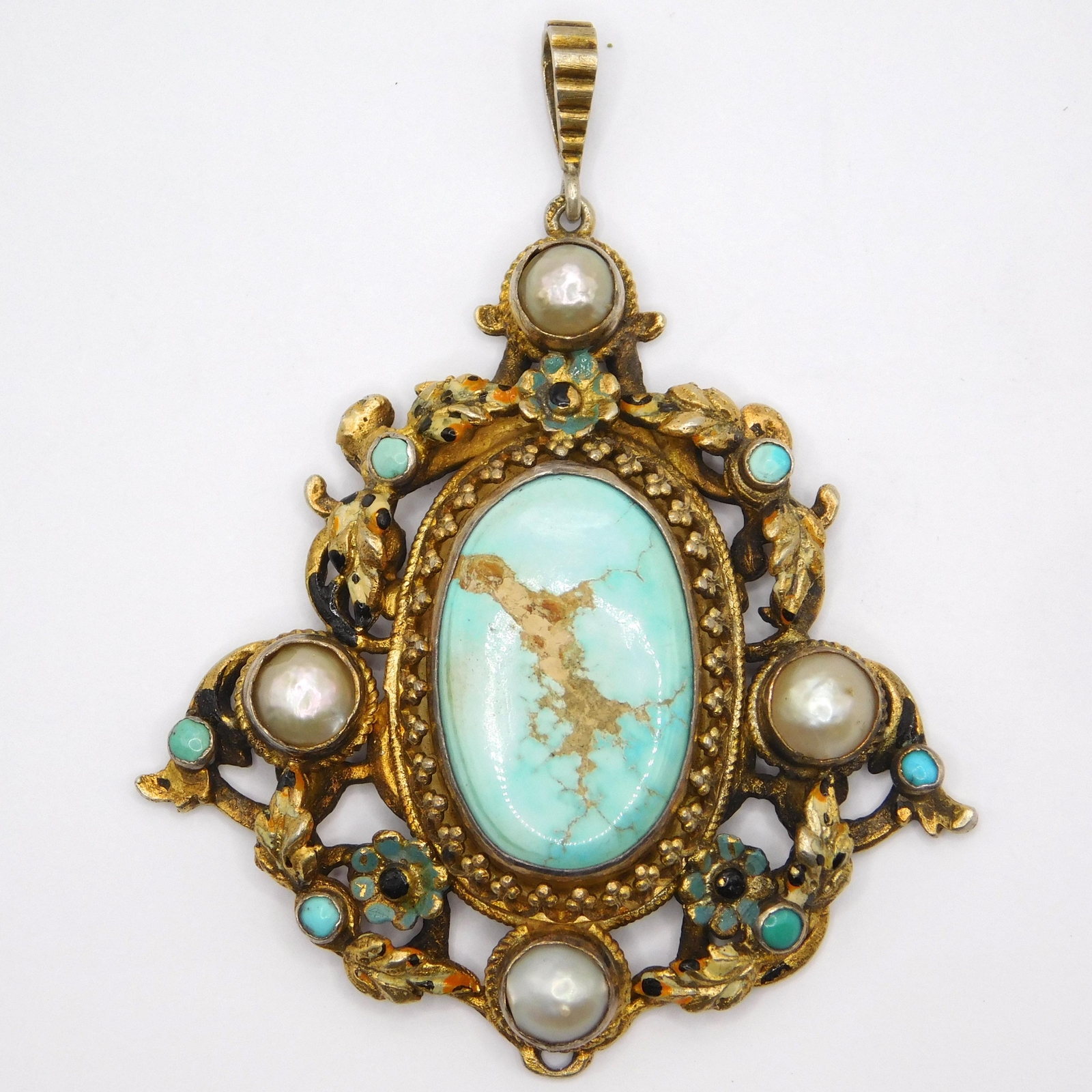 ORNATE AUSTRO-HUNGARIAN TURQUOISE & PEARL GILT PENDANT
