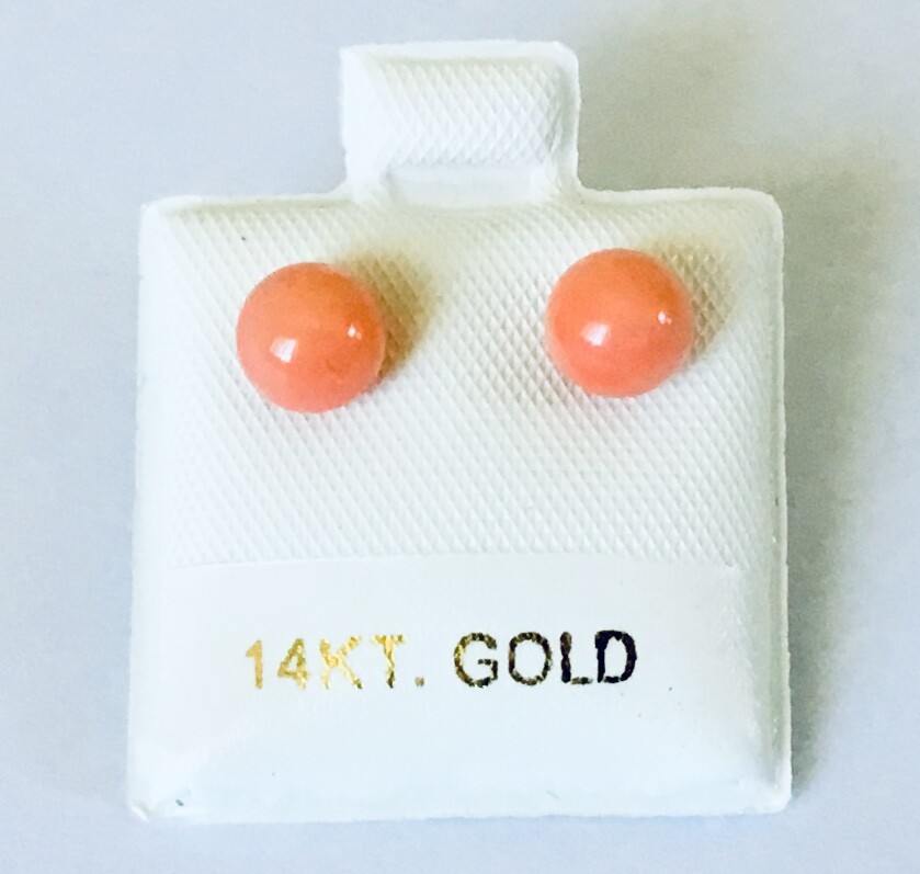 Solid 14K Yellow Gold Genuine Pink Coral Round 5.5 – 6 mm Ball Stud Earrings NEW