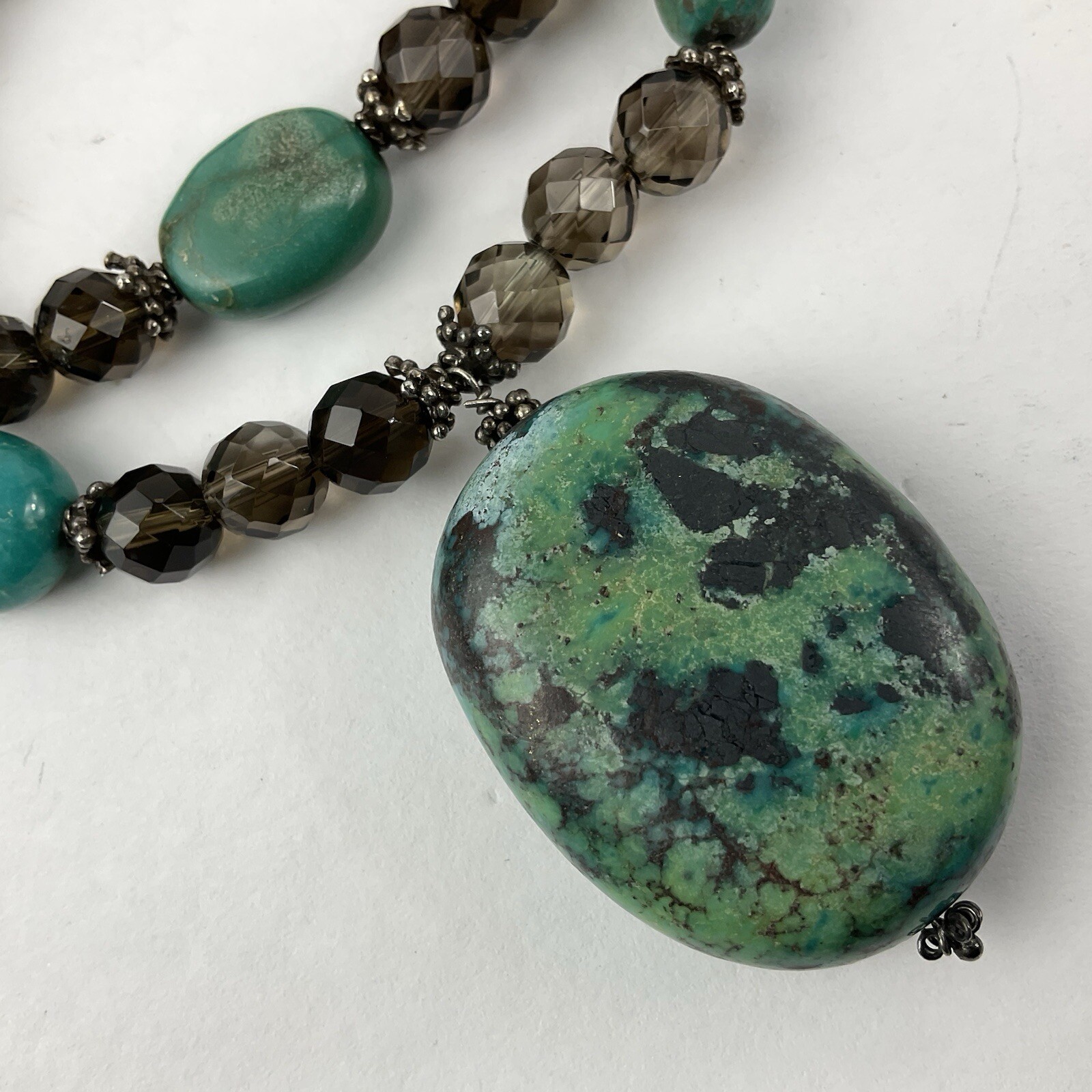 Vtg Genuine Turquoise Faceted Smokey Quartz Beaded Necklace Dyed Howlite Pendant