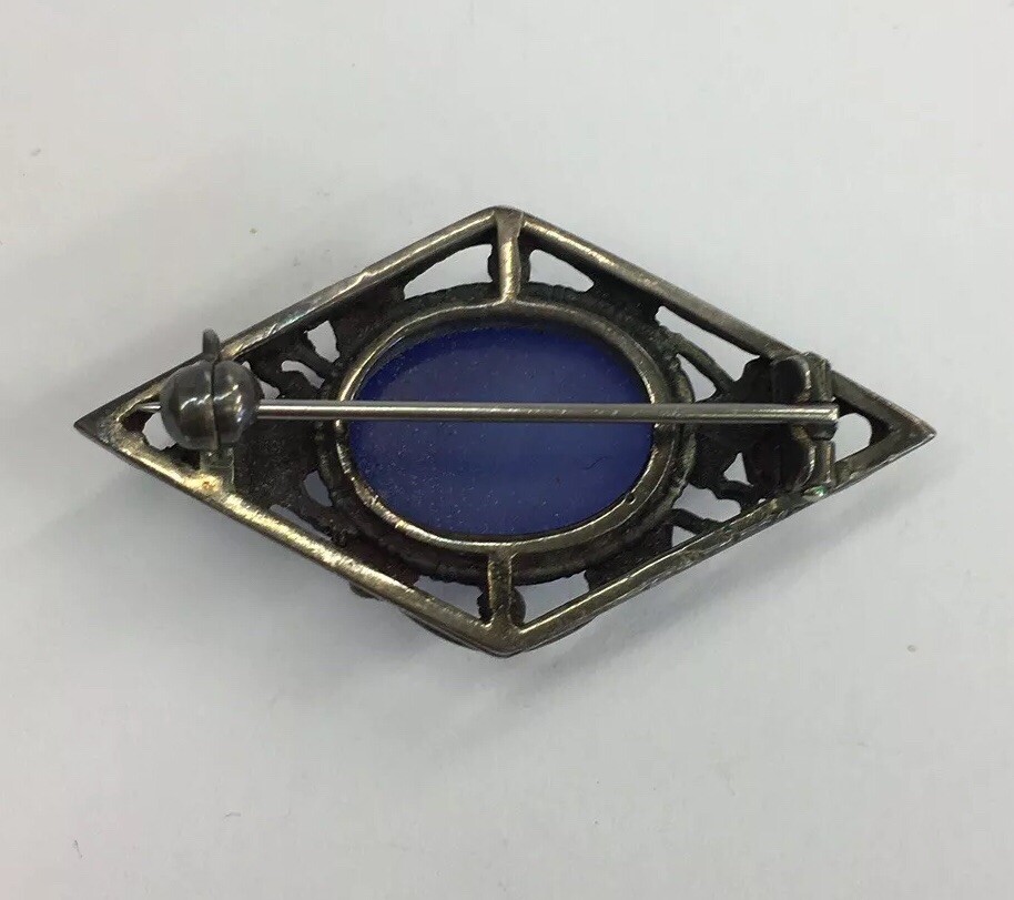 Vintage Solid Silver Blue Moonstone Style Brooch 4cm In Width 7.3g
