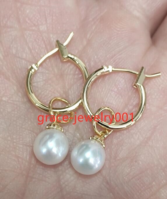 7-8mm natural akoya white AAA round pearl earrings 14k Yellow Gold hoop