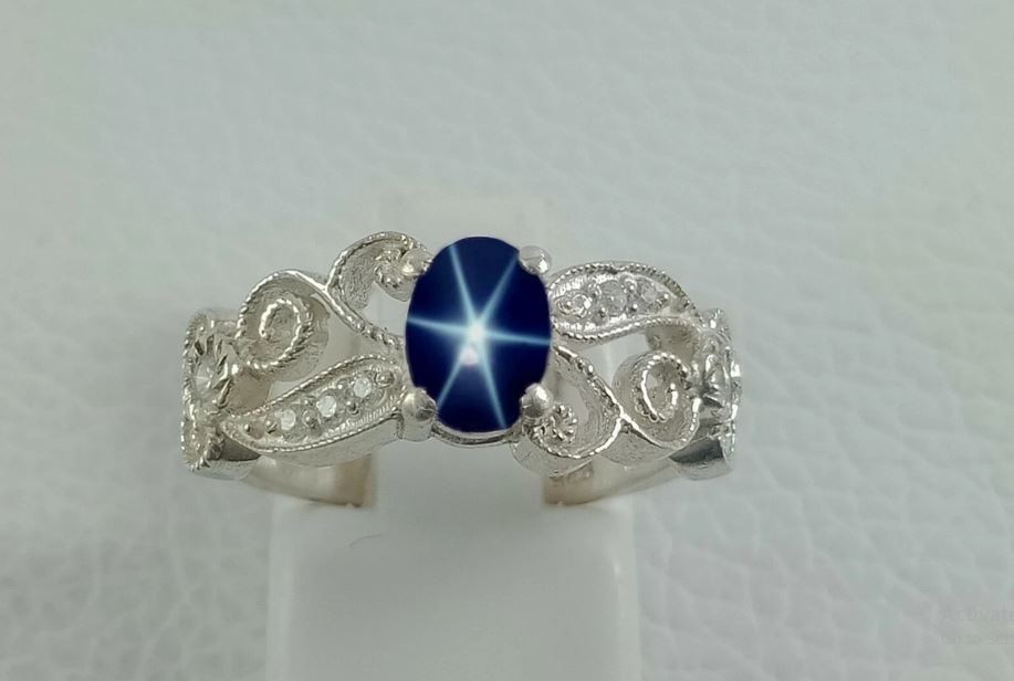 Blue Star Sapphire Ring 925 Sterling Silver Rare Asterism Gem Statement ring