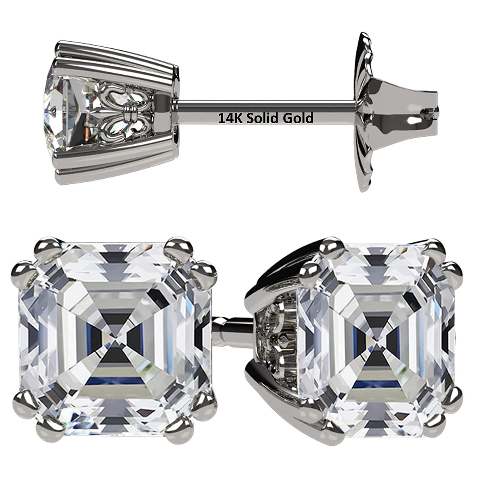 Platinum Plated Silver Stud Earrings With 1.50 CTTW Asscher CZ & 14K Gold Post