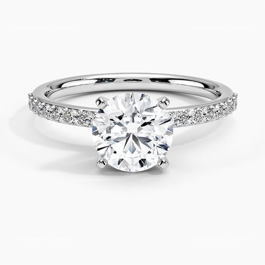 Diamond 10K Solid White Gold Handcrafted Solitaire with Accents April Prong Ring