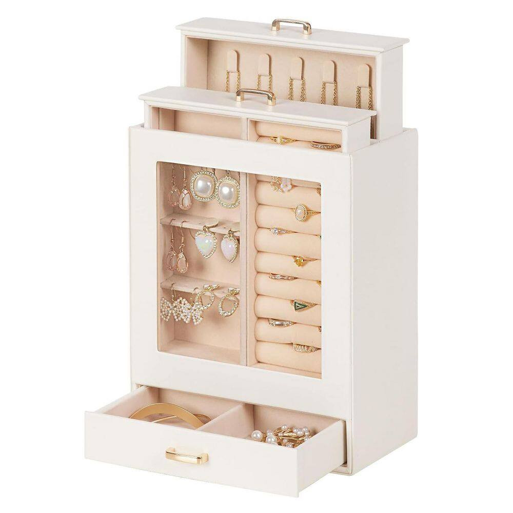 White 7 In. X 9 In. Polyurethane Modern Jewelry Box with 3-Drawers