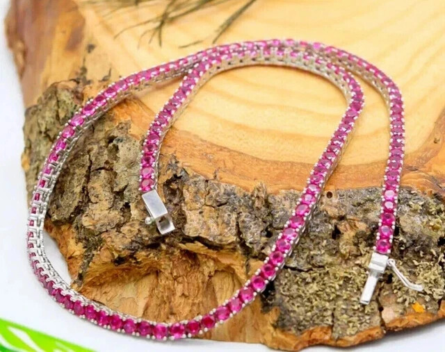 20CT Round 4MM Lab Created Pink Sapphire Necklace 14K White Gold Plated 18″