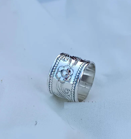 Oxidized Sterling Silver Wide Band Ring: Floral Thumb Woman Ring All Size R380