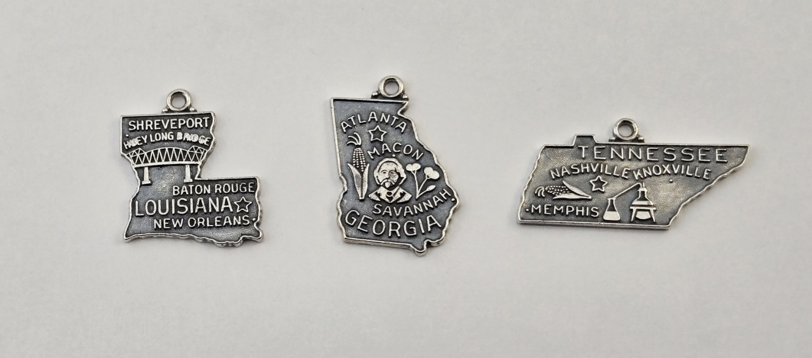 Lot of 3 Sterling Silver State Travel Charm Pendants Louisiana Georgia Tennessee