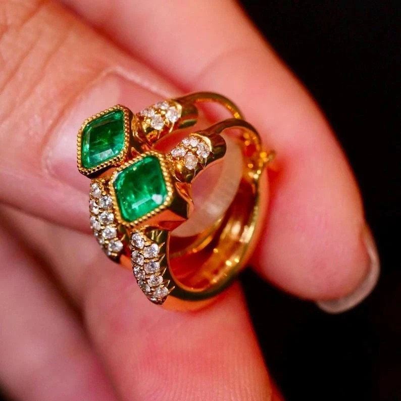 3Ct Asscher Cut Lab Created Emerald Huggies/Hoop Earrings 14k Yellow Gold Plated