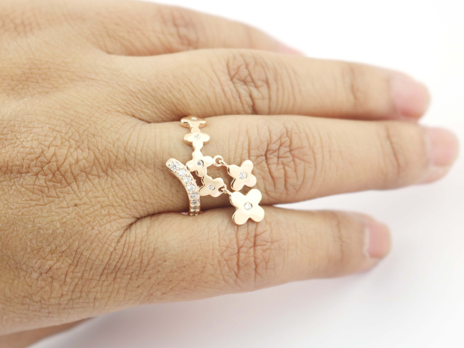 Clover Charm 925 Sterling Silver Stackable Ring – Rose Gold Finish, CZ Stones