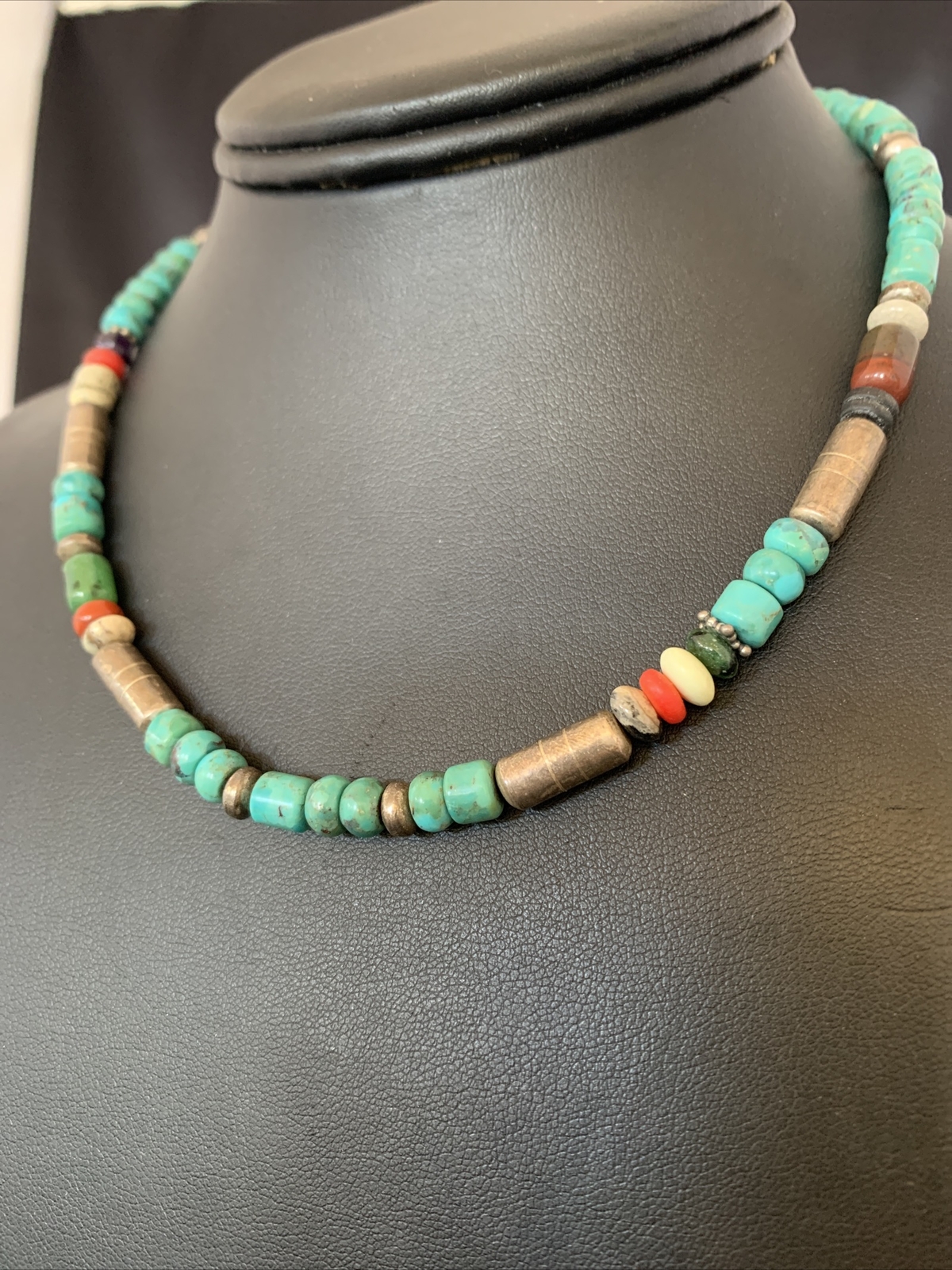 Turquoise Spiny Oyster & Coral Beads Sterling Silver Gold Necklace 10396