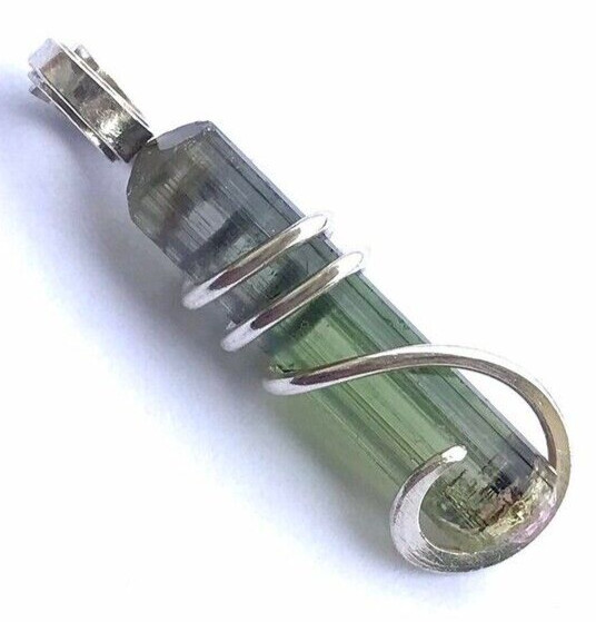 9.40 Natural Bi Color Green Tourmaline Crystal in Silver Wire wrap Art Necklace