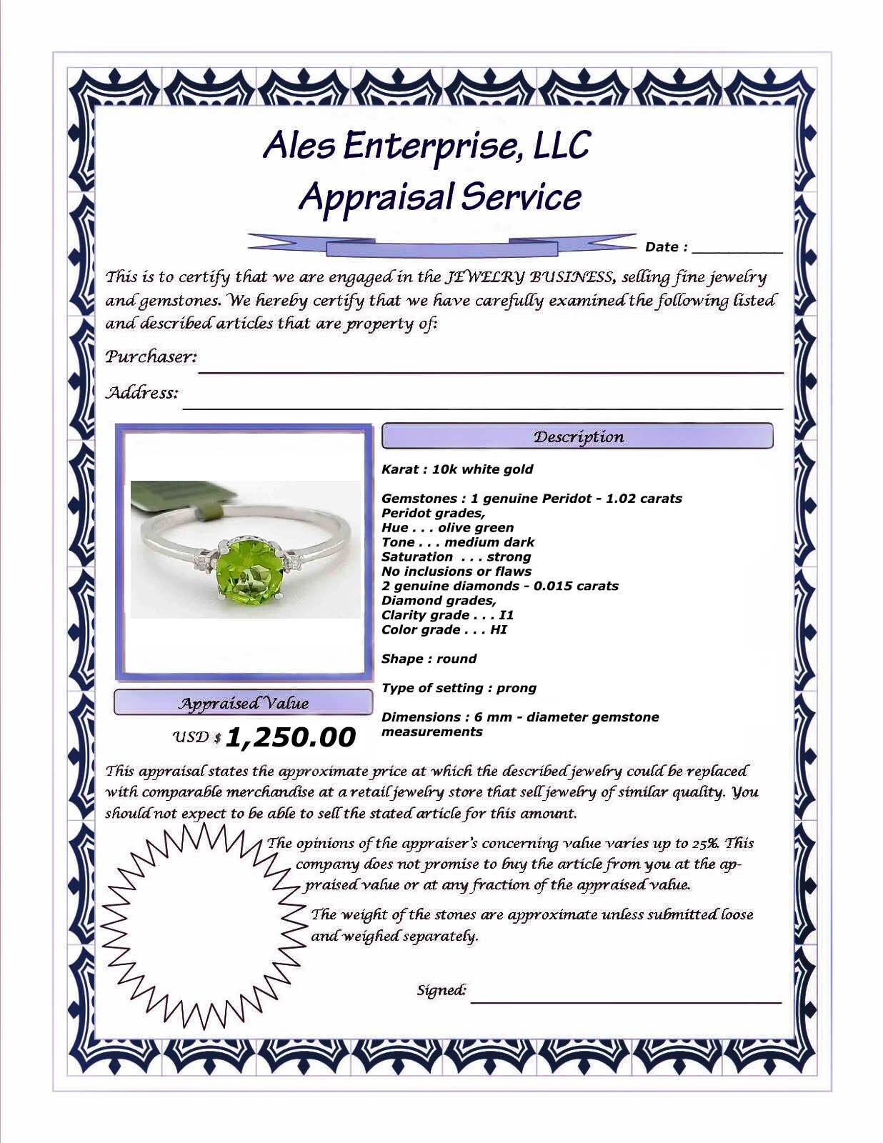 GENUINE 1.02 Cts PERIDOT & DIAMOND RING 10k GOLD – Free Certificate Appraisal