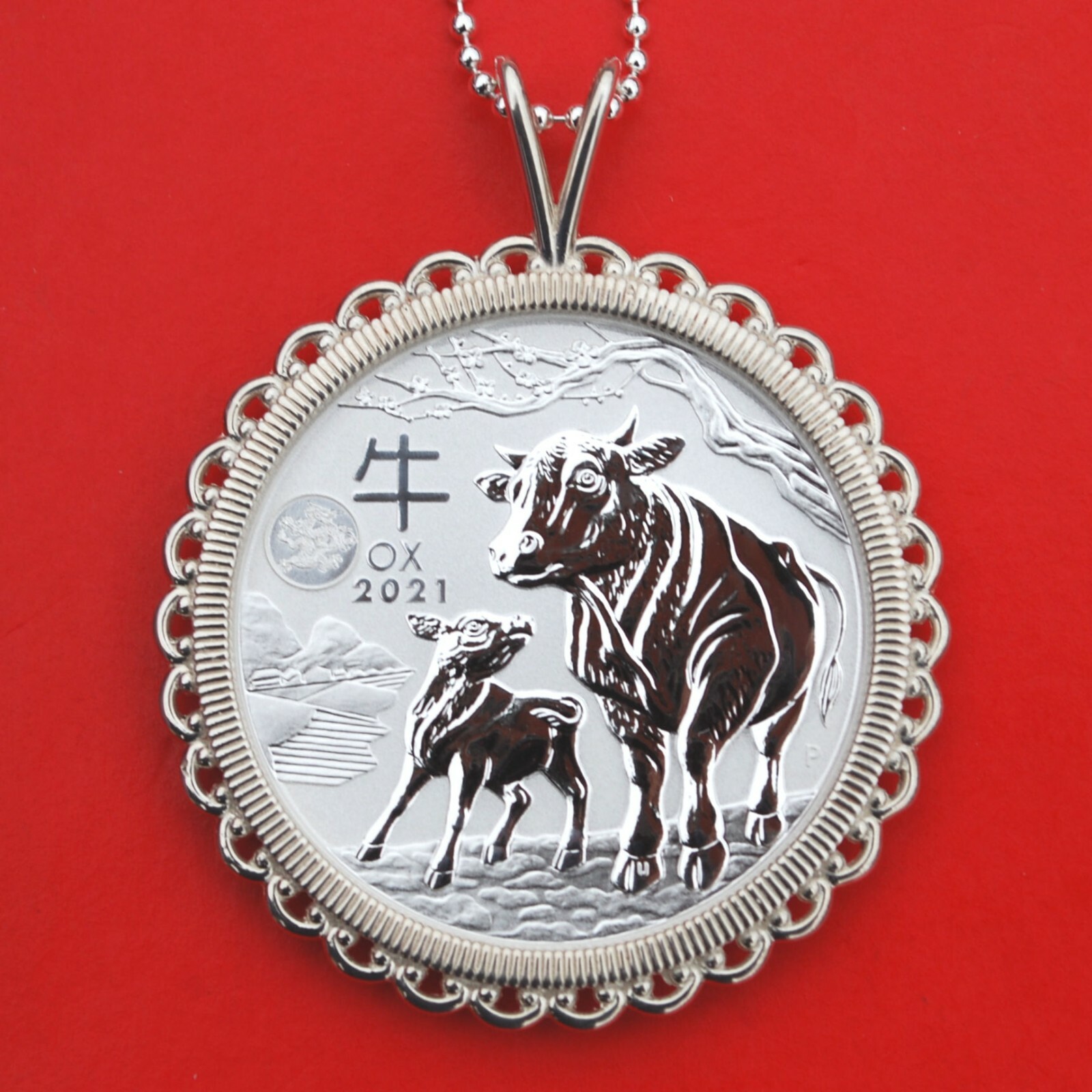 2021 Australia Lunar Year of Ox 1 Oz .999 Fine Silver Coin 925 Sterling Necklace