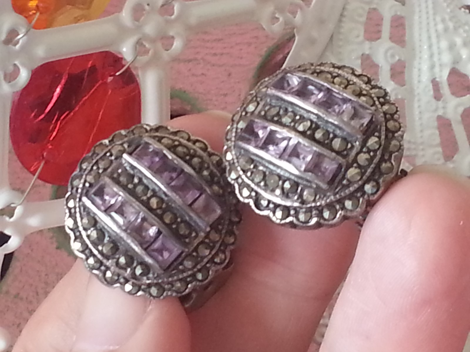 925 Channel Set Princess Cut Amethyst / Marcasite Round Clip Earrings