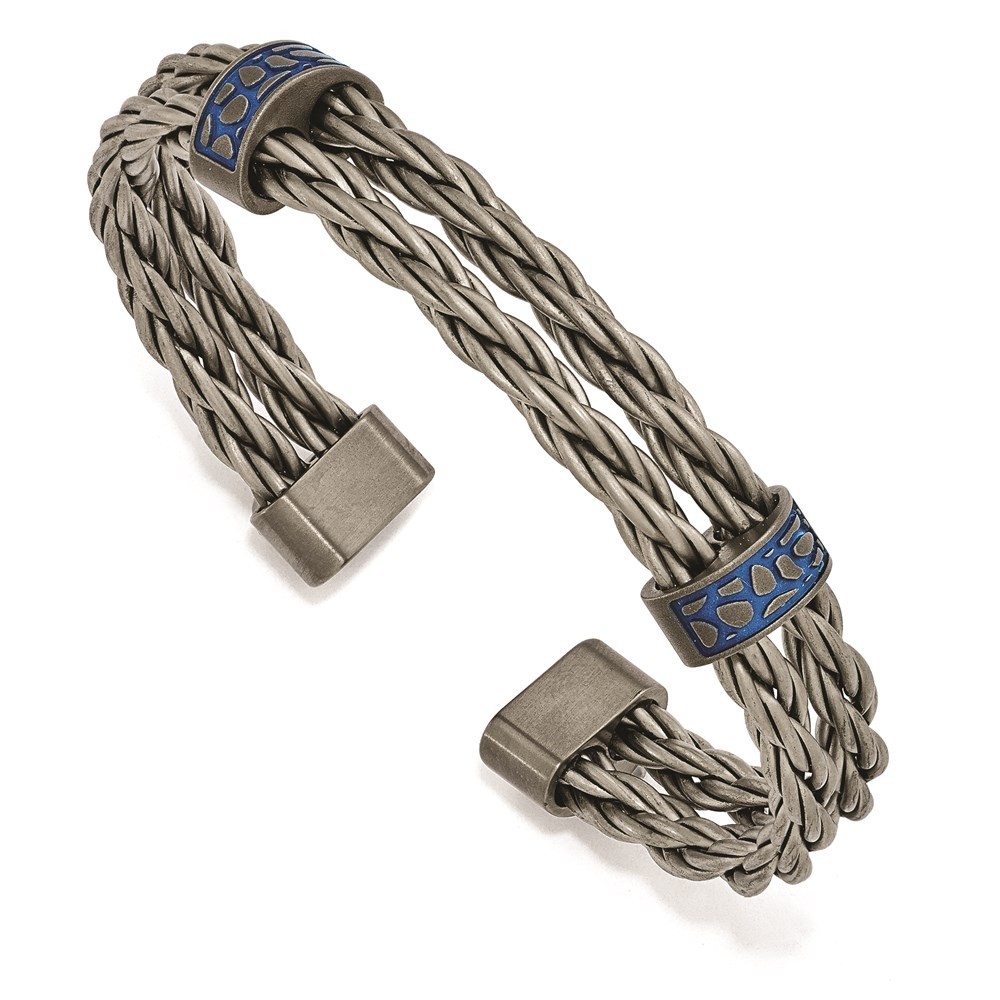 Titanium Brushed w Blue Anodized Stations Cuff Bracelet
